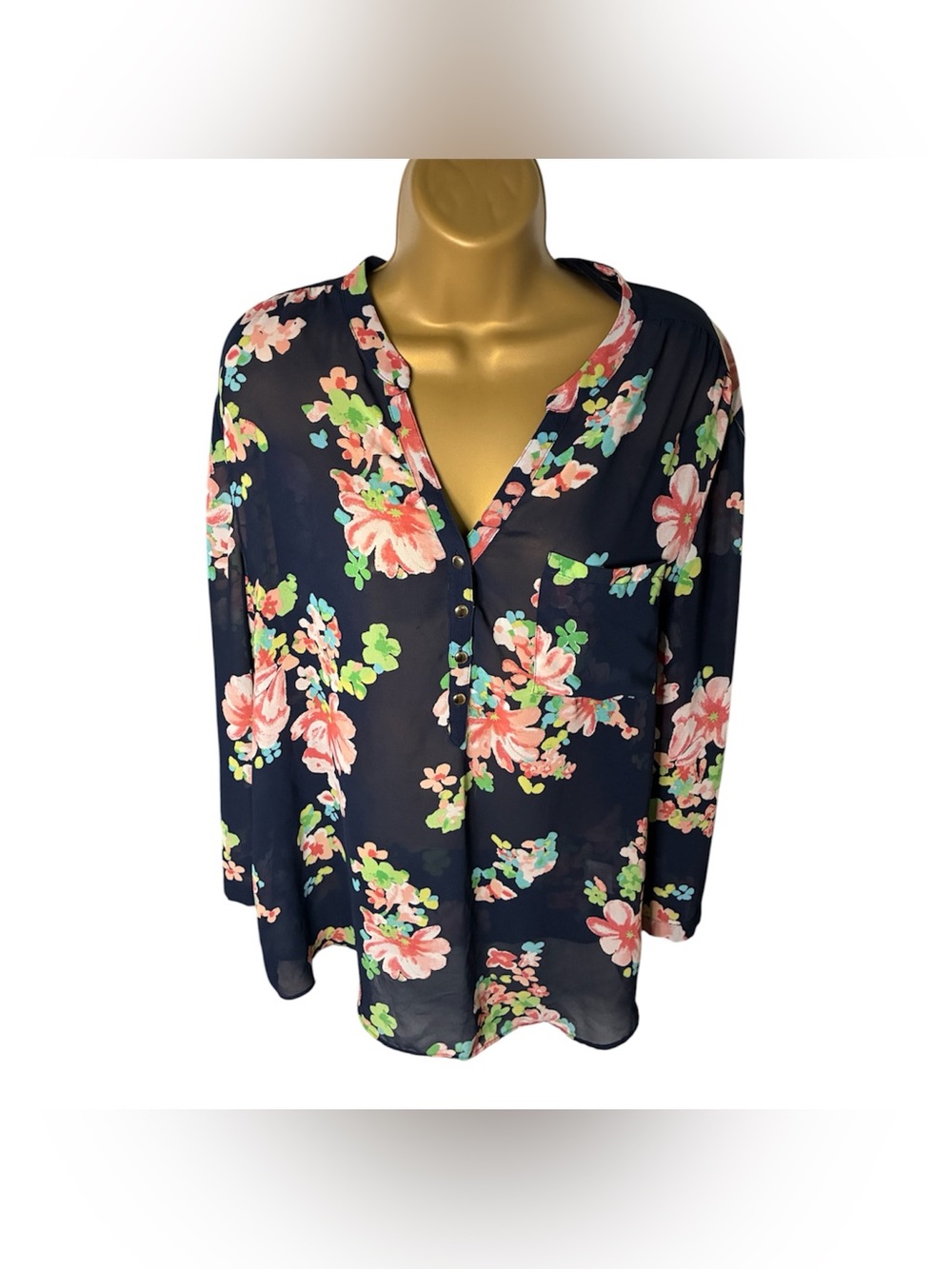 Charter Club Floral Button Front Blouse Long Sleeve V-Neck Dark Navy XL